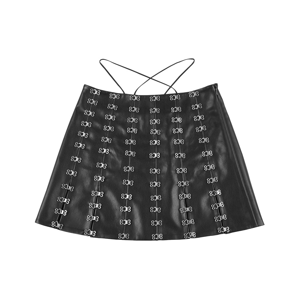 METAL BUCKLE EMBELLISHED LEATHER SKIRT