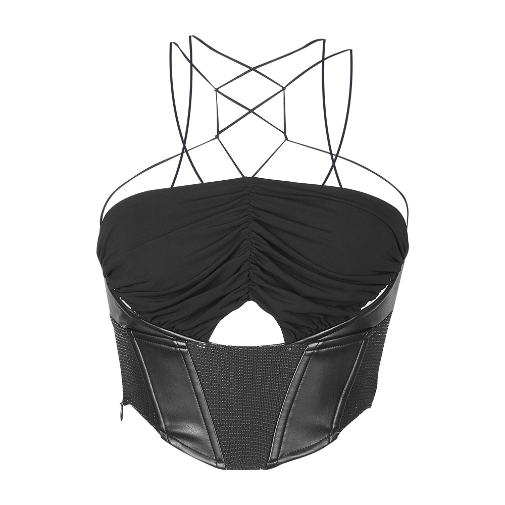 PLEATED TIE-UP LEATHER VEST