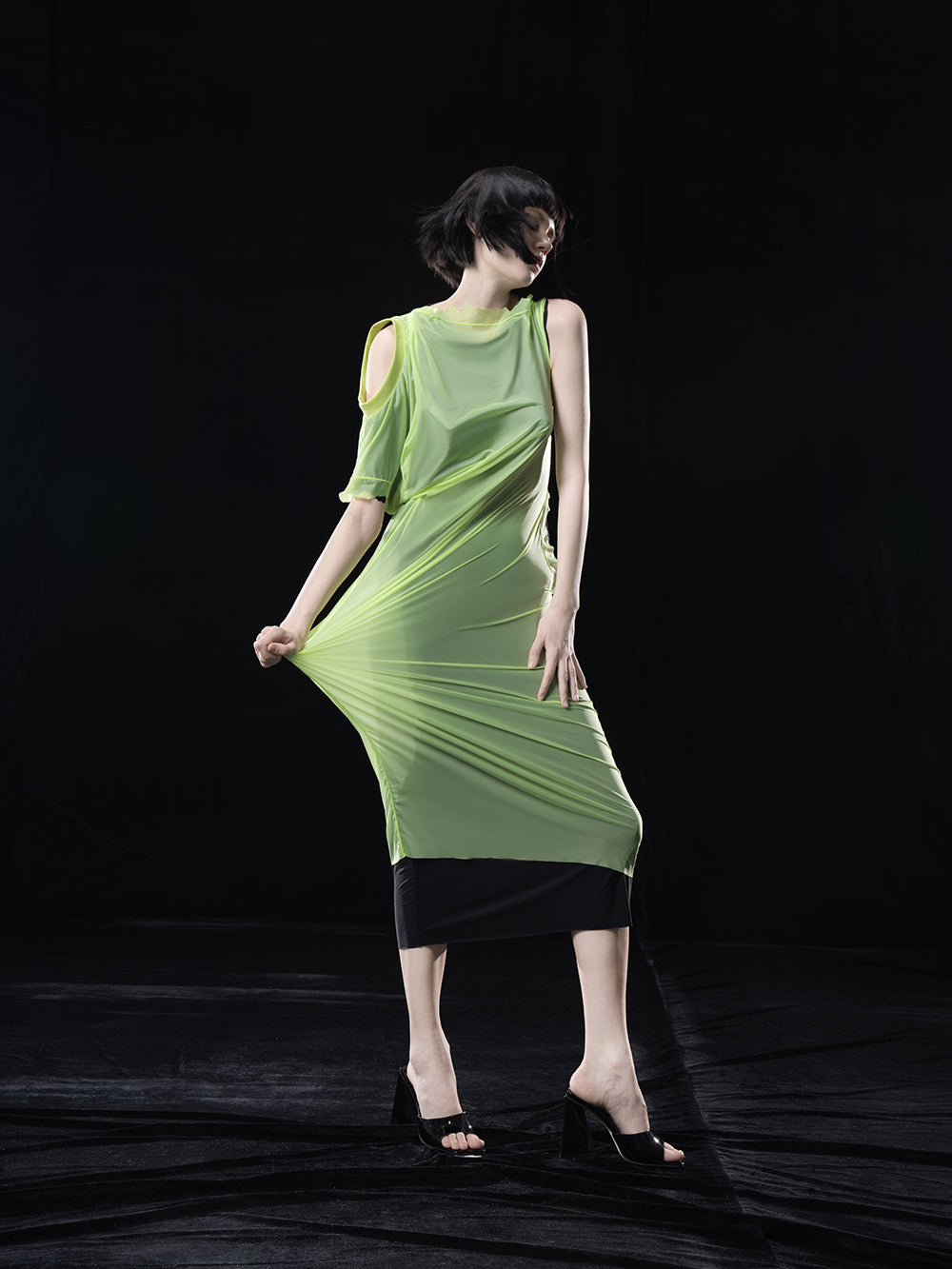 NEON GREEN MIDI. DRESS WITH TWO LAYERS(MULTIWAY. WEARING)