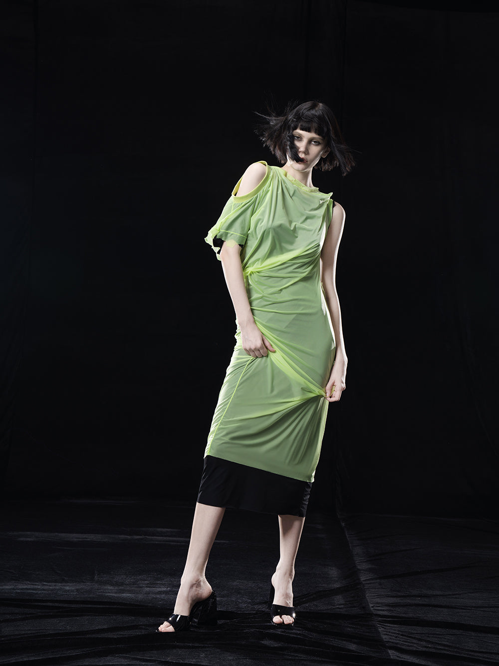 NEON GREEN MIDI. DRESS WITH TWO LAYERS(MULTIWAY. WEARING)