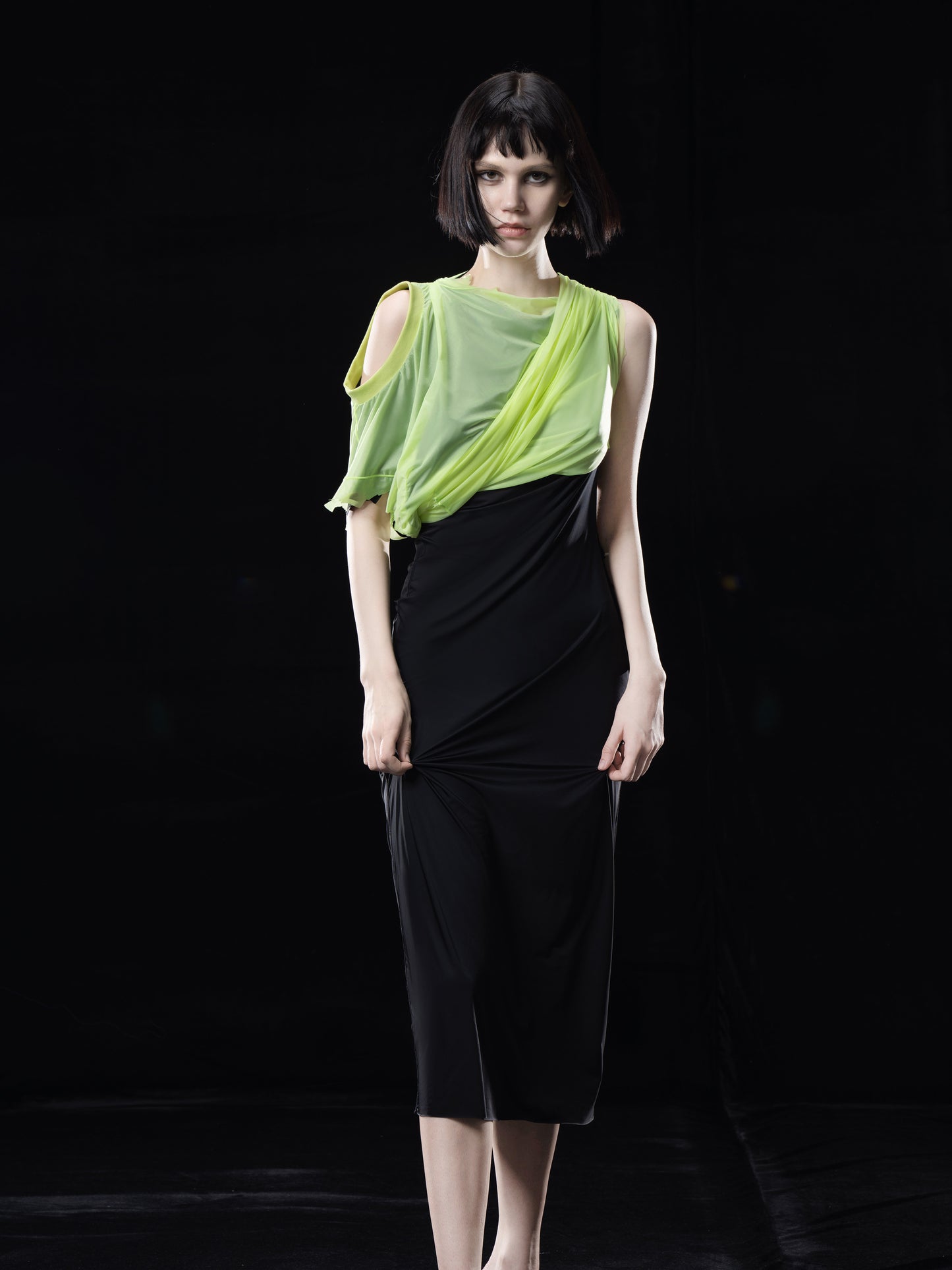 NEON GREEN MIDI. DRESS WITH TWO LAYERS(MULTIWAY. WEARING)