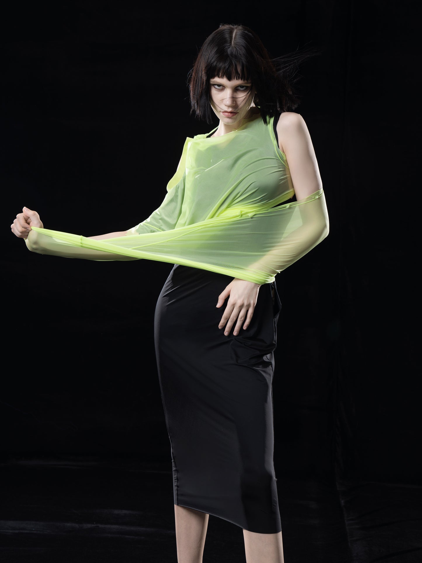 NEON GREEN MIDI. DRESS WITH TWO LAYERS(MULTIWAY. WEARING)