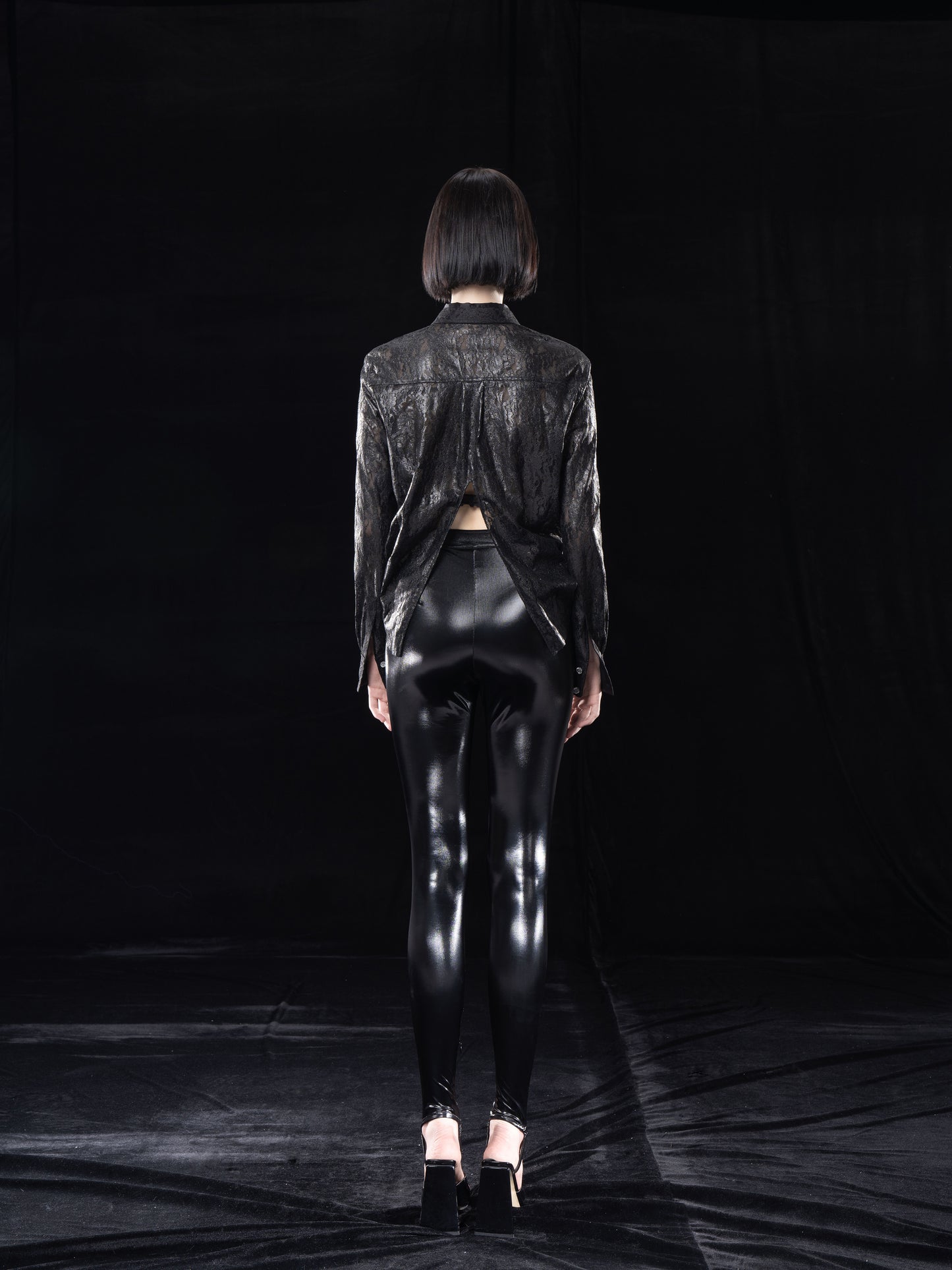 BLACK SEMI-SHEER LACE OVERSHIRT