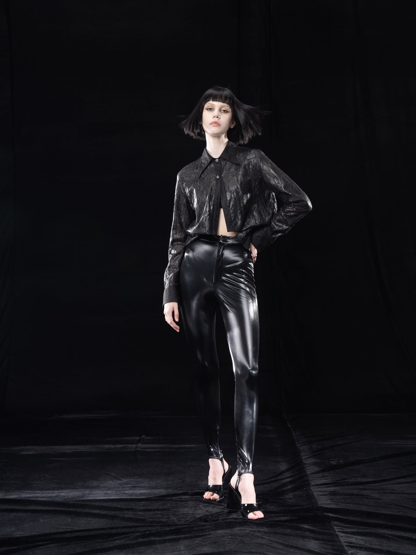 BLACK SEMI-SHEER LACE OVERSHIRT