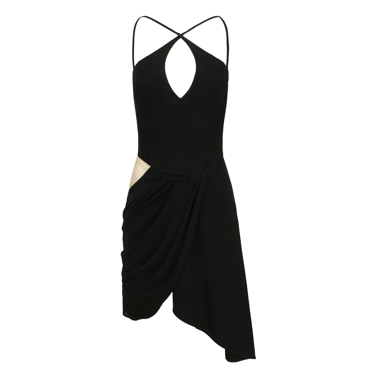 BLACK HALTERNNECK DRAPED DRESS WITH CUT-OUTS