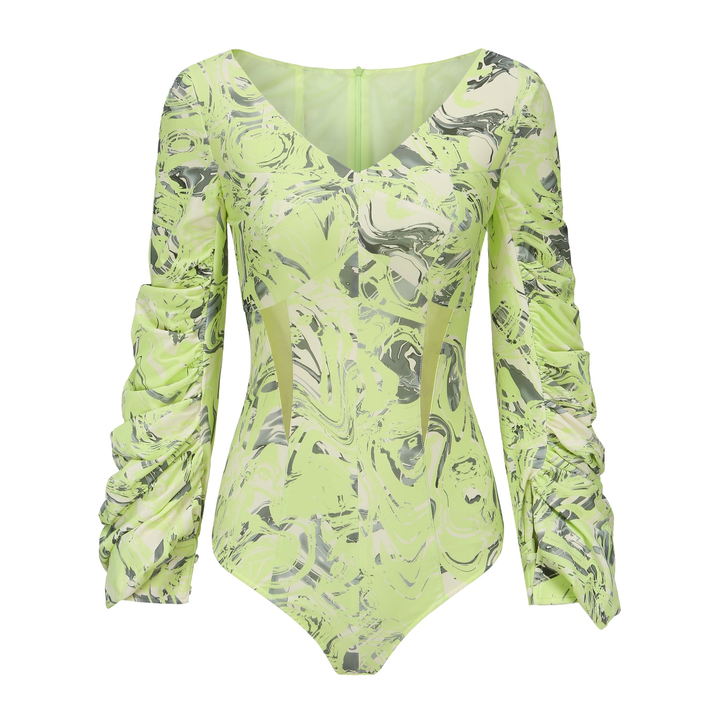 NEOR GREEN PRINTED SWIMSUIT WITH GATHERED. SLEEVES