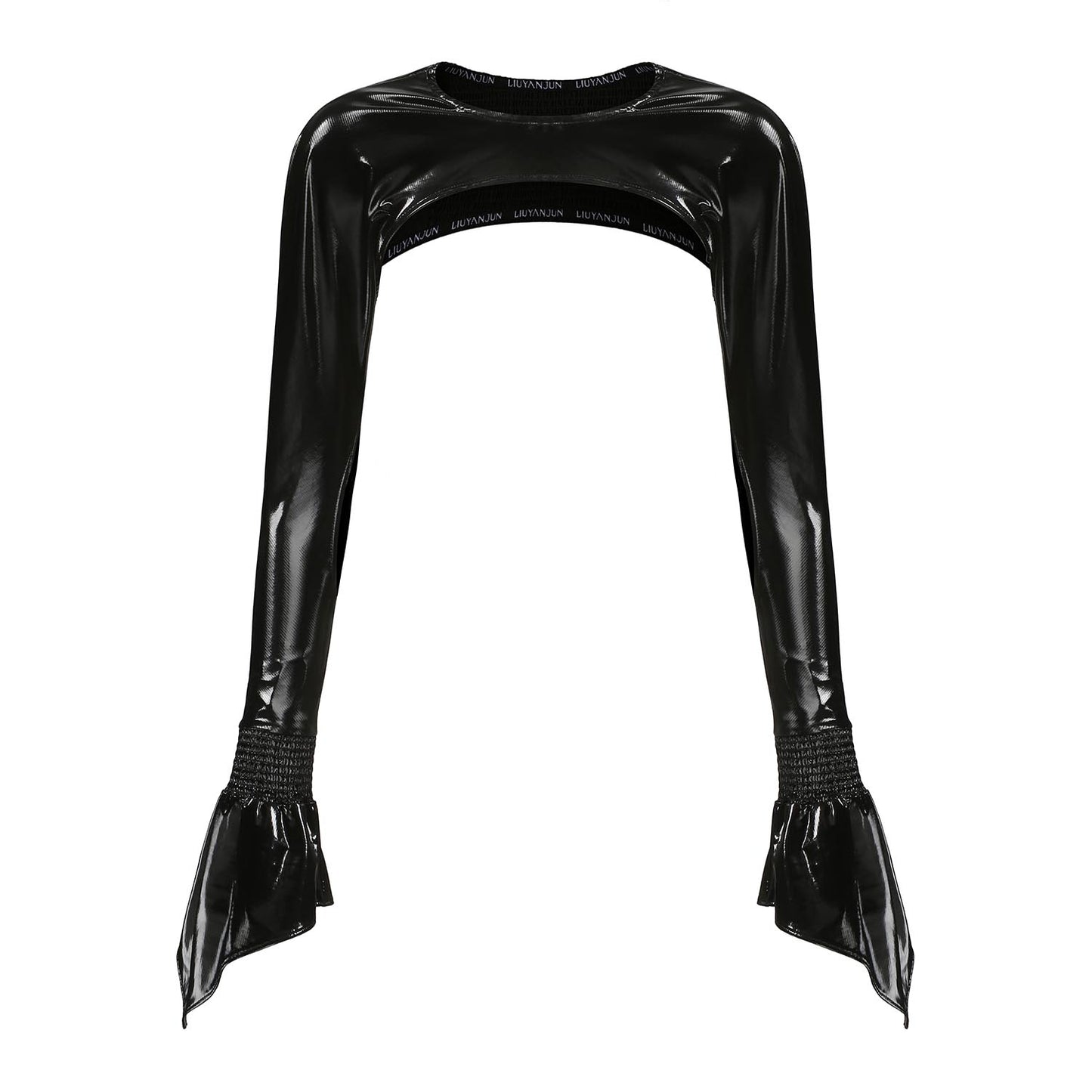 BLACK FAUX LEATHER SUPER-SHORT TOP