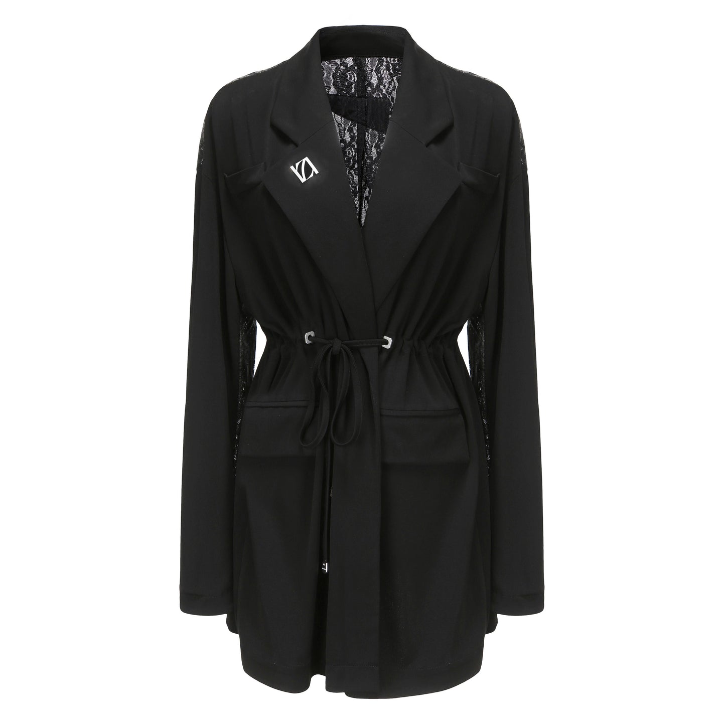 BLACK CONTRAST LACE BLAZER JACKET WITH DRAWSTRINGS