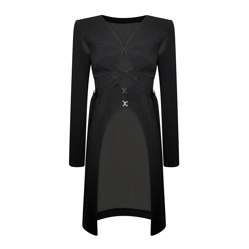 BLACK BLAZER WITH DRAWSTRING AND CUT-OUTS