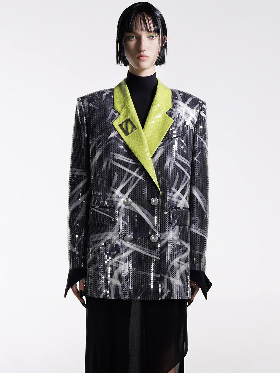 SEQUINNED PRINTED DOUBLE-BREASED BLAZER