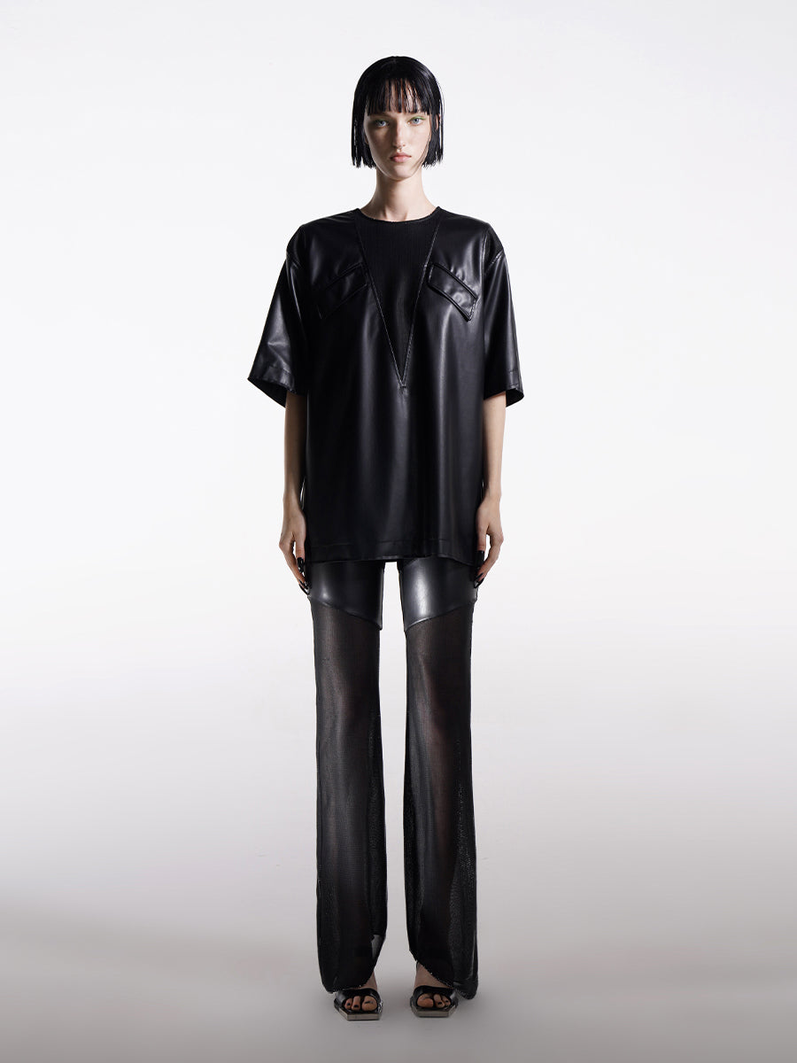 CONTRAST FAUX LEATHER T-SHIRT