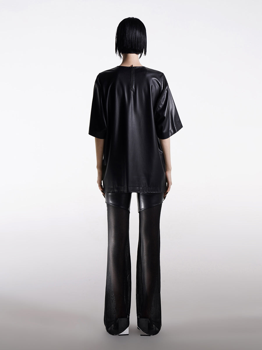 CONTRAST FAUX LEATHER T-SHIRT