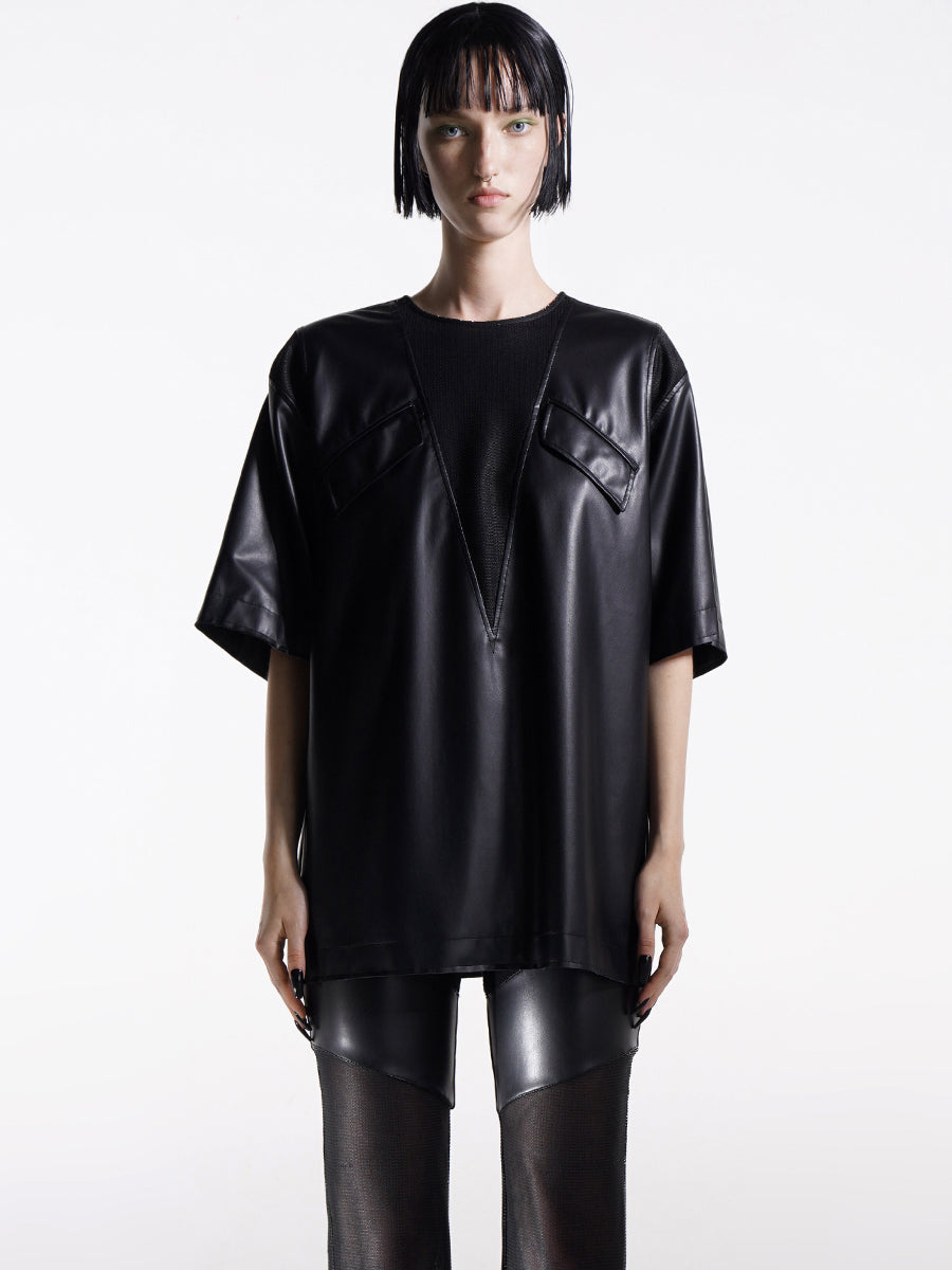 CONTRAST FAUX LEATHER T-SHIRT