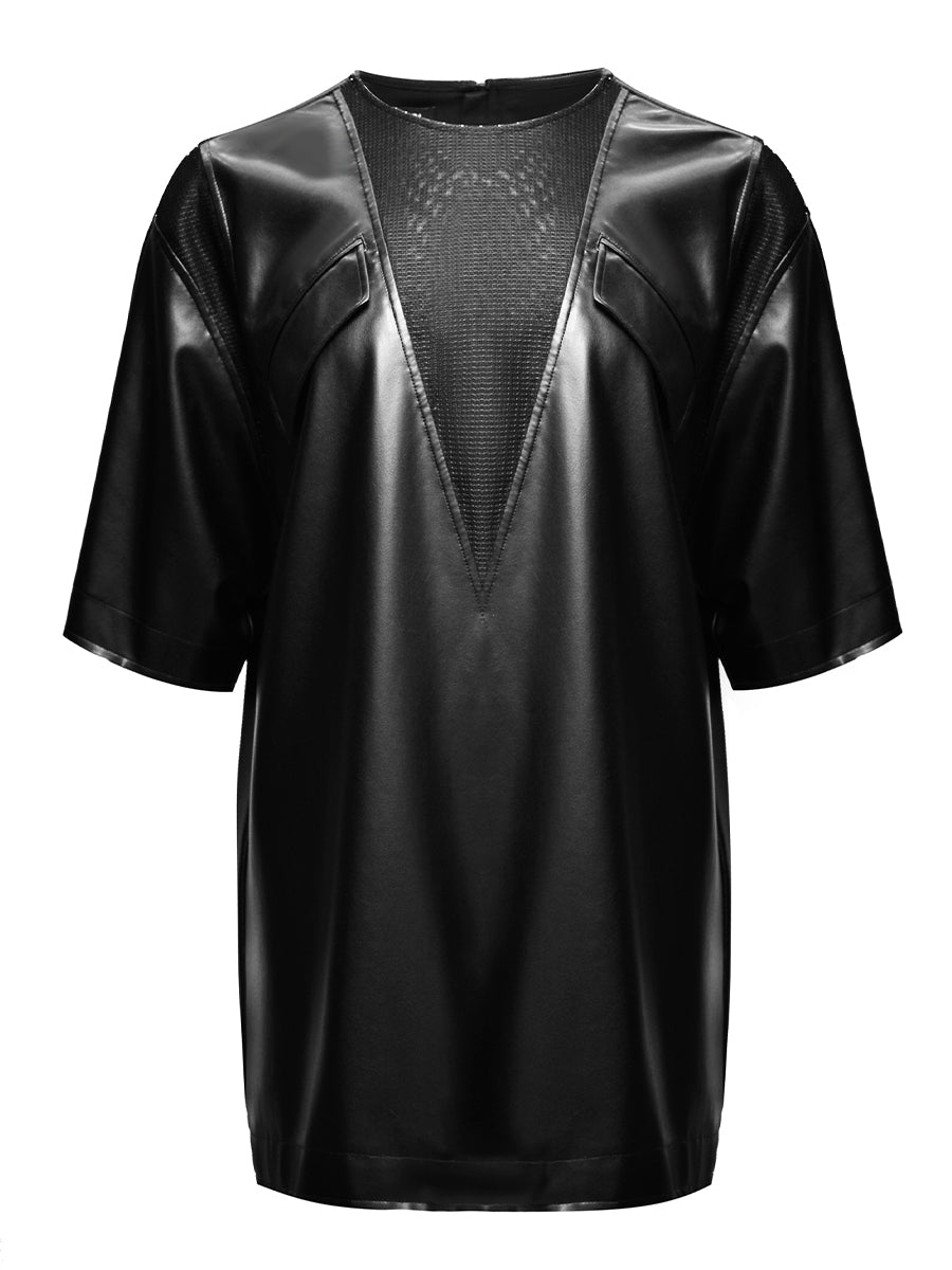 CONTRAST FAUX LEATHER T-SHIRT