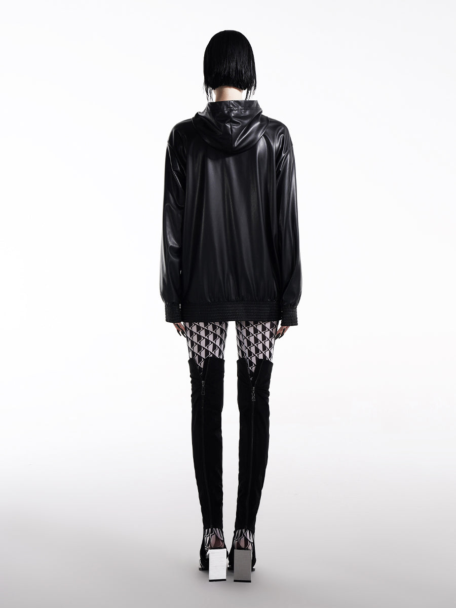 FAUX LEATHER HOODIE WITH GATHERED CUT-OUT DETAIL