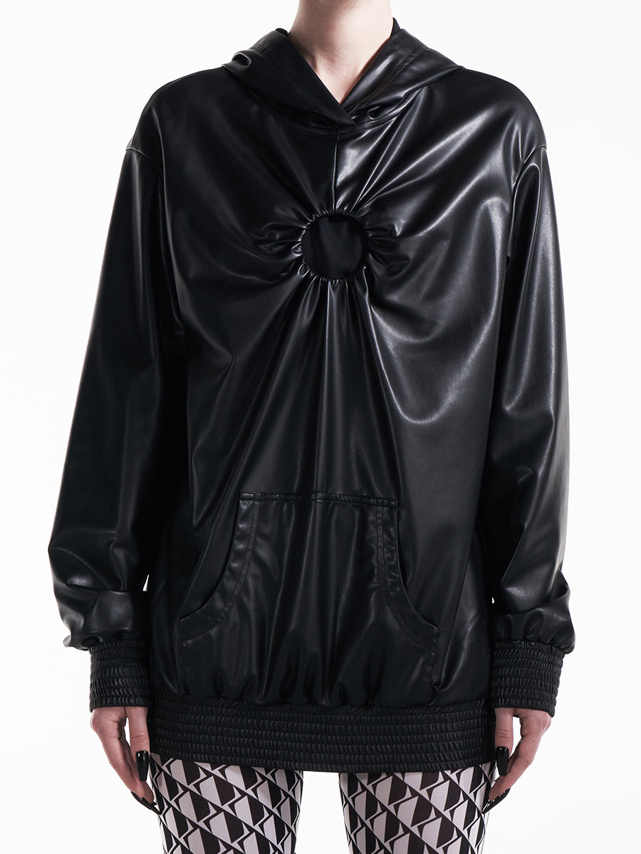 FAUX LEATHER HOODIE WITH GATHERED CUT-OUT DETAIL
