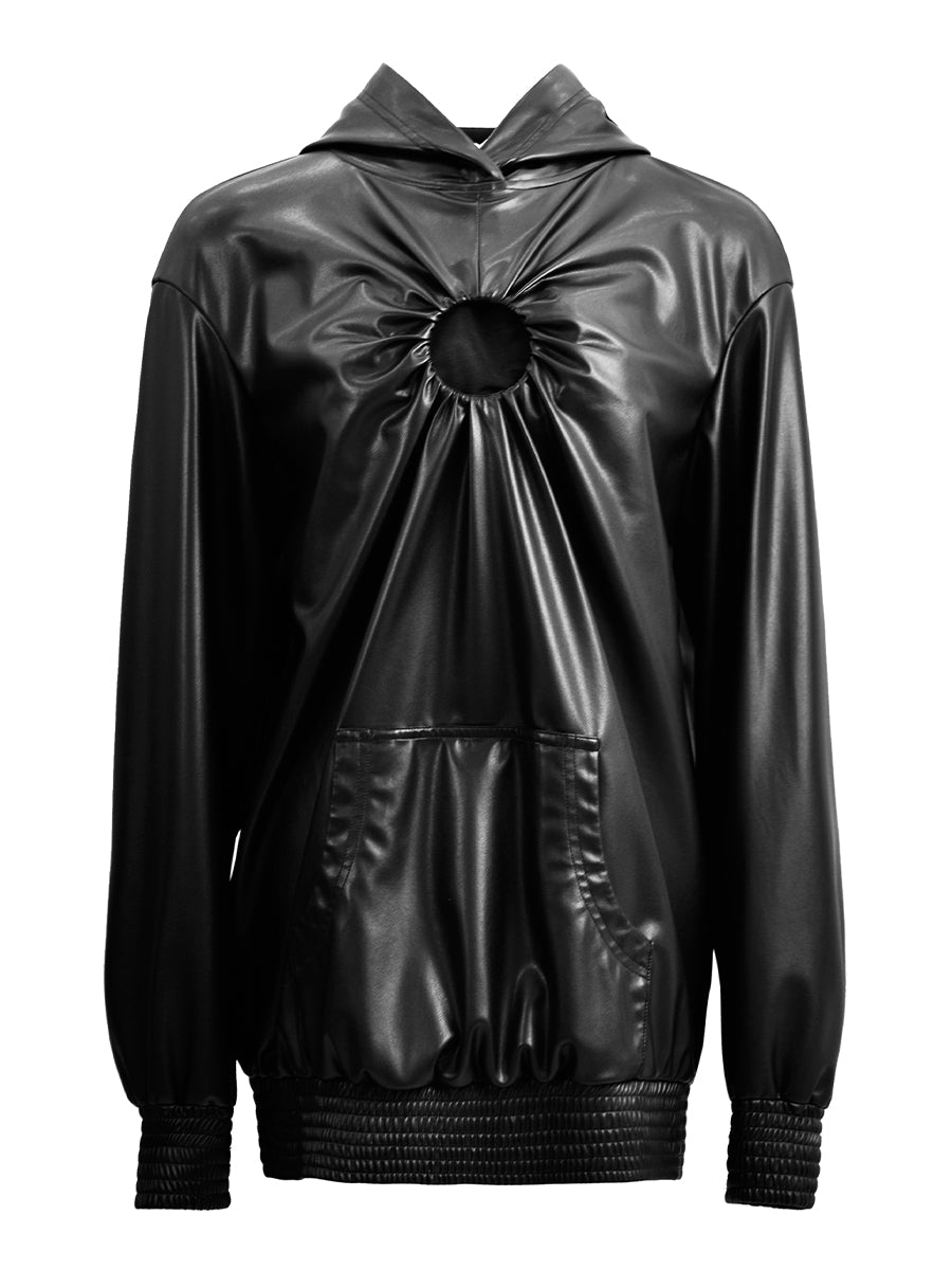 FAUX LEATHER HOODIE WITH GATHERED CUT-OUT DETAIL