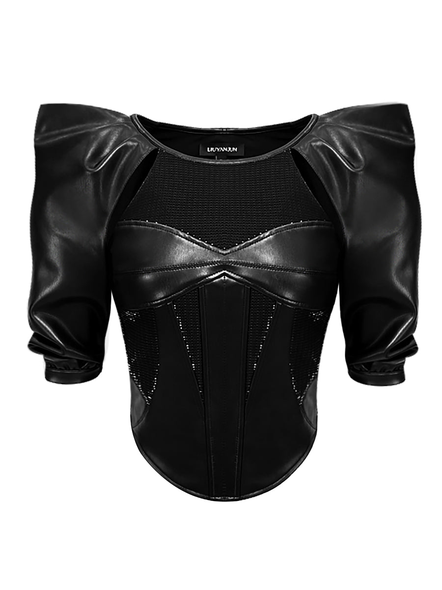 CONTRAST FAUX LEATHER TOP WITH CUT-OUT DETAIL