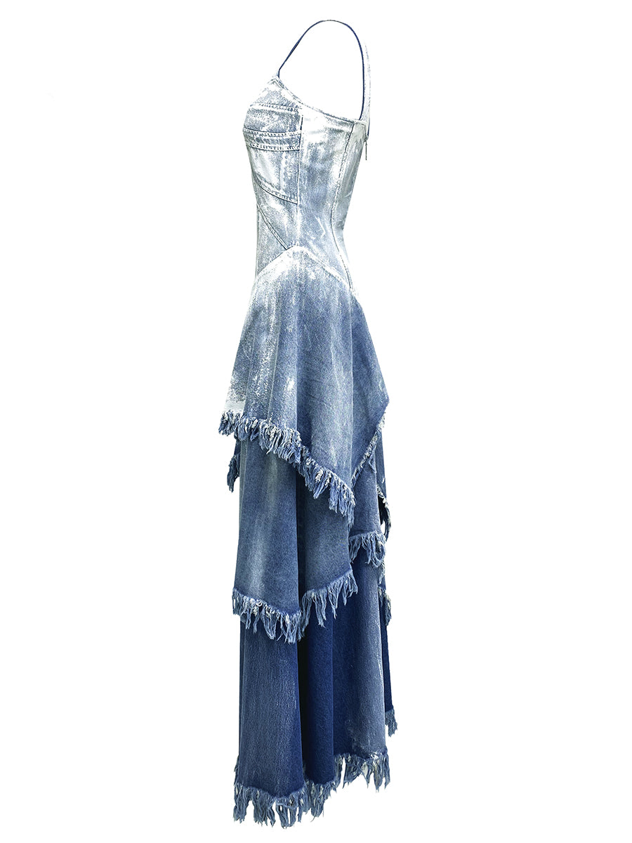 WAISTED DENEM DRESS WITH HAND PAINTING