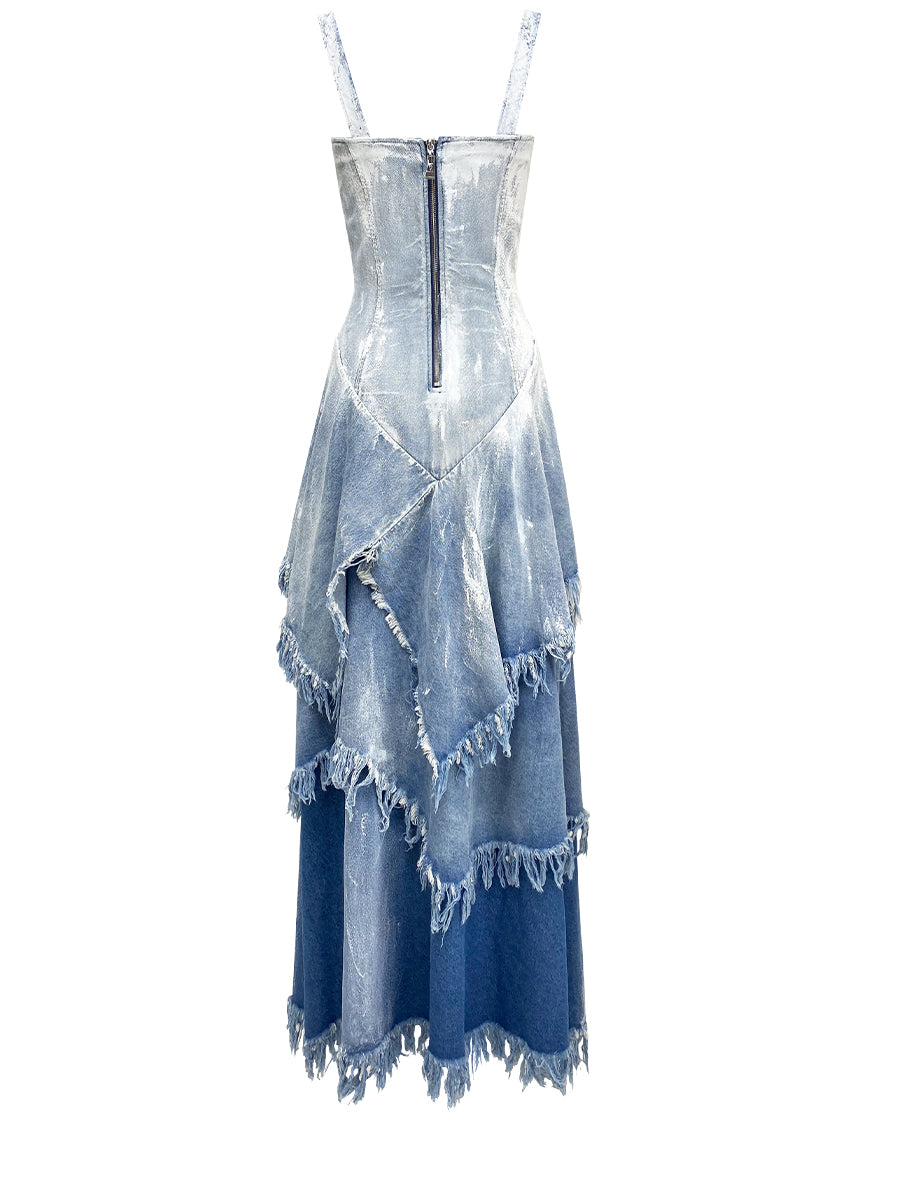 WAISTED DENEM DRESS WITH HAND PAINTING