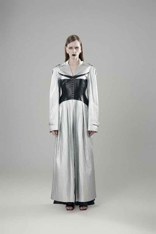 LIGHTNING SILVER PATCHWORK LEATHER TRENCH COAT