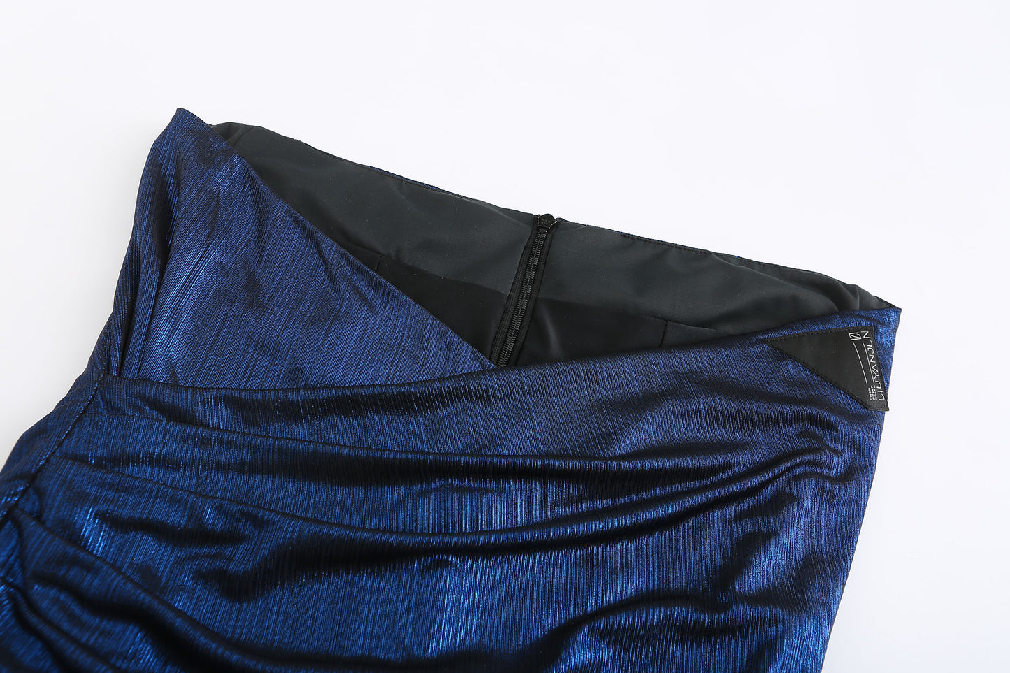 LIGHTNING BLUE ASYMMETRIC DRAPED MINI SKIRT