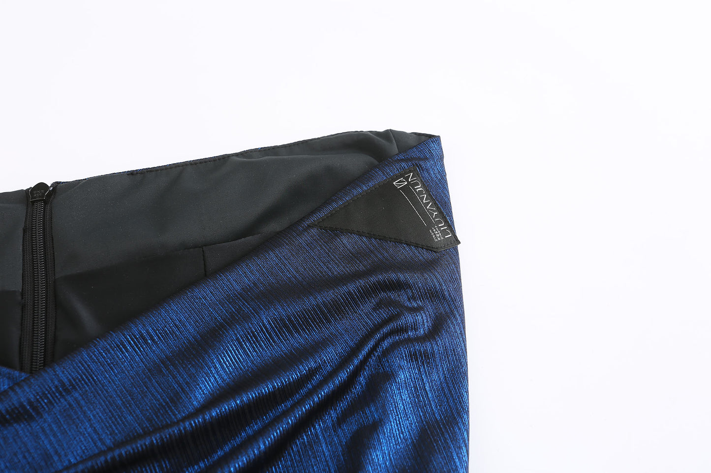 LIGHTNING BLUE ASYMMETRIC DRAPED MINI SKIRT