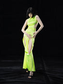 NEON GREEN TAILORED. MIDI DRESS WITH CUT-OUTS