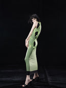 NEON GREEN MIDI. DRESS WITH TWO LAYERS(MULTIWAY. WEARING)