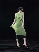 NEON GREEN MIDI. DRESS WITH TWO LAYERS(MULTIWAY. WEARING)