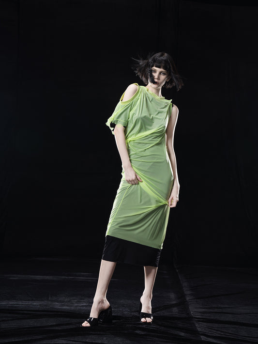 NEON GREEN MIDI. DRESS WITH TWO LAYERS(MULTIWAY. WEARING)
