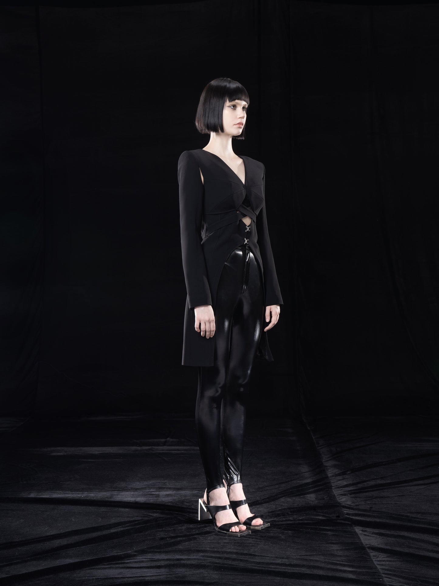 BLACK BLAZER WITH DRAWSTRING AND CUT-OUTS