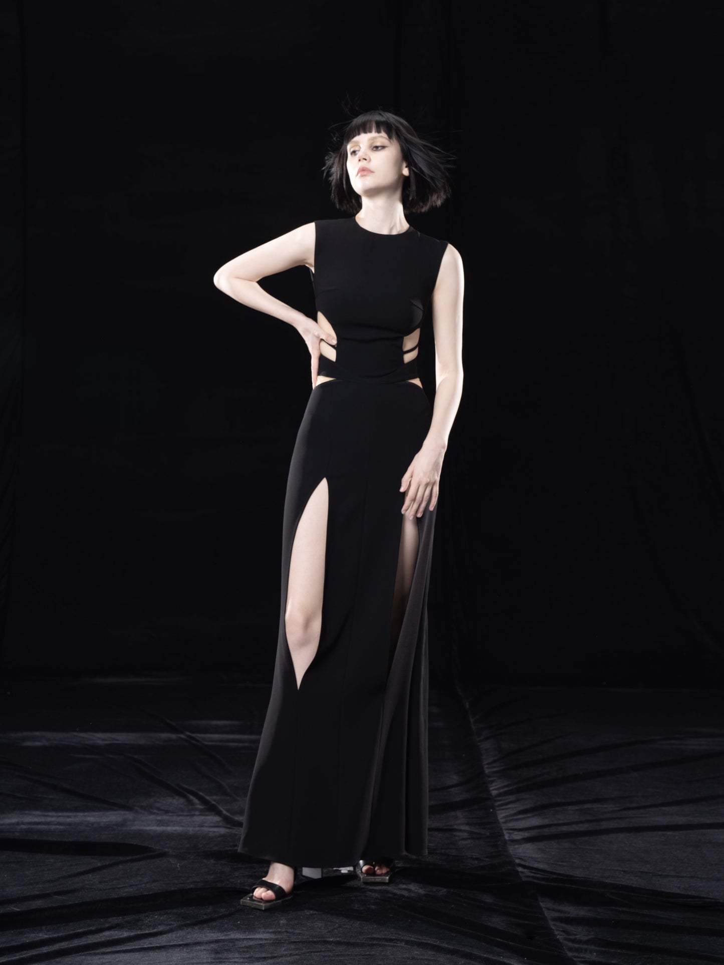 BLACK TAILORED MIDI DRESS WITH CUT-OUTS