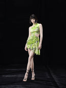 NEON GREEN PRINTED DRAPED DRESS WITH TIED. DETAIL