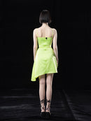 NEON GREEN PRINTED HALTERNECK DRAPED DRESS WITH CUT-OUTS