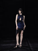 LIGHTNING BLUE ASYMMTRIC DRAPED DRESS WITH CUT OUTS