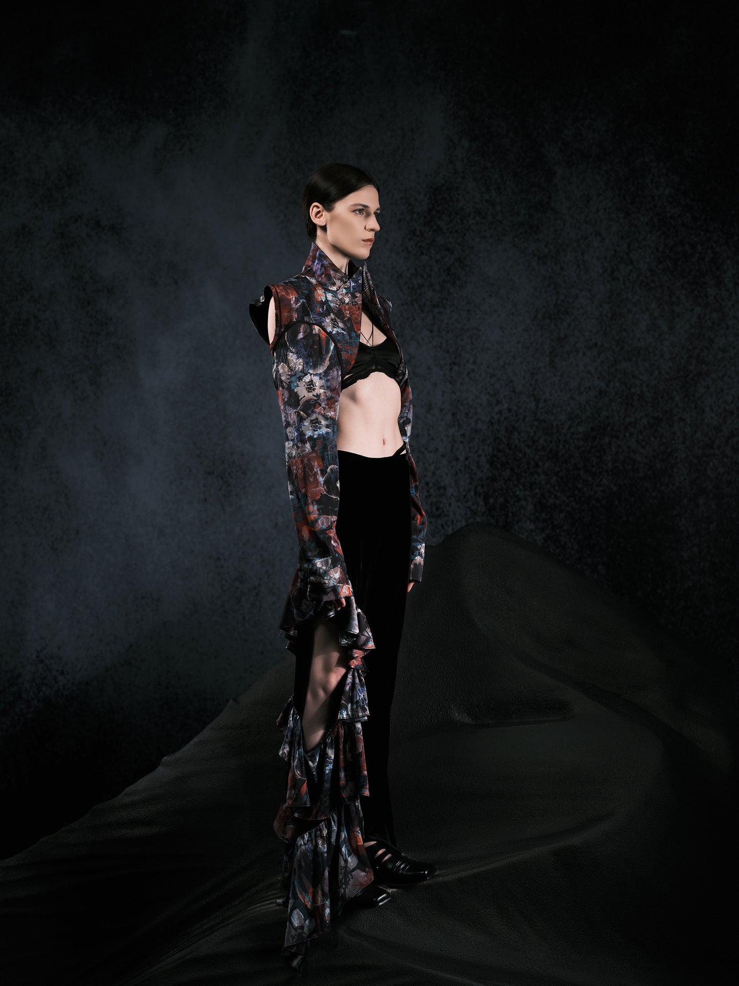 Asymmetric Velvet Flared-leg Pants