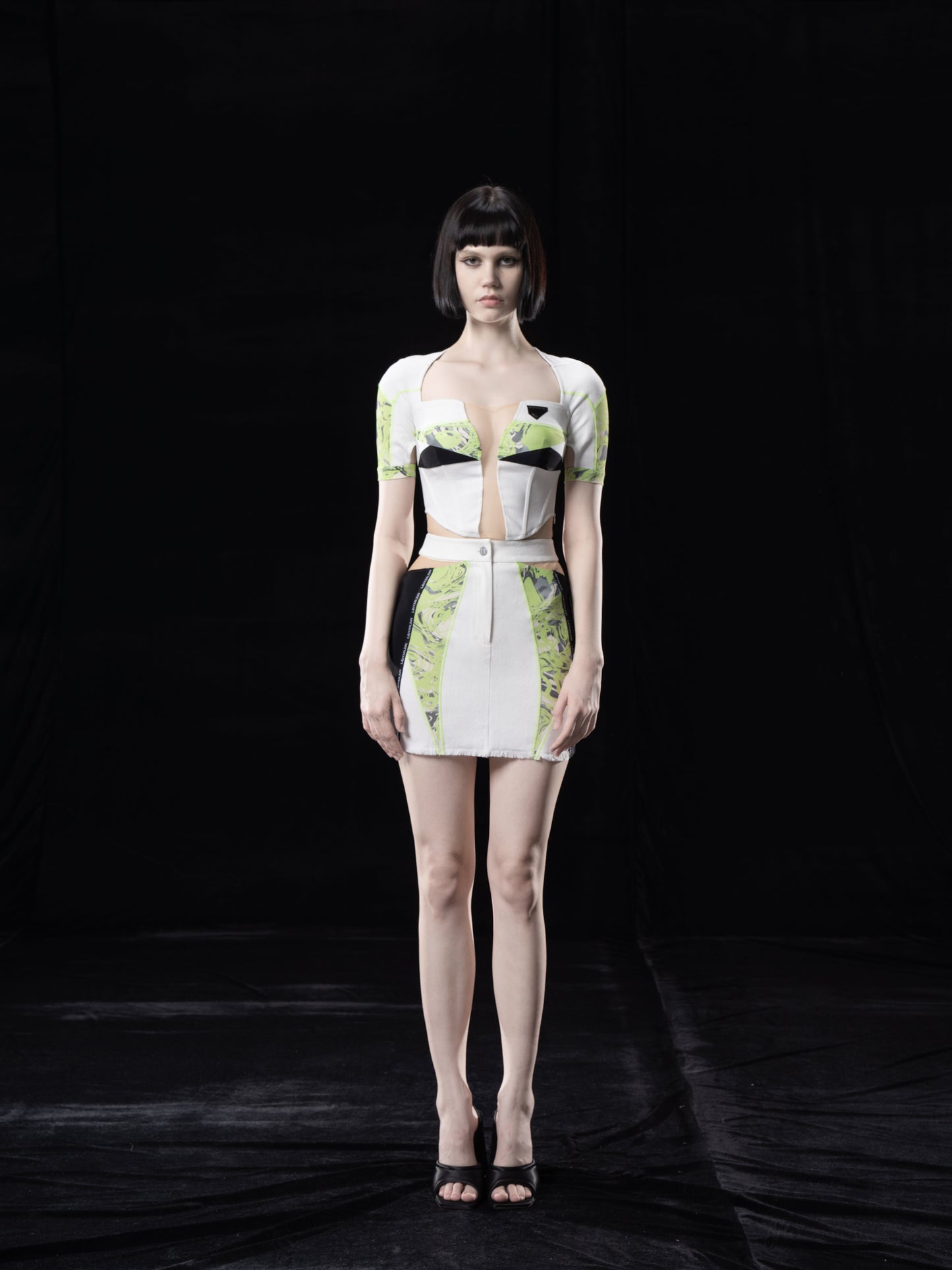 CONTRAST DENIM CROP TOP WITH CUT-OUTS