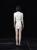 CONTRAST DENIM CROP TOP WITH CUT-OUTS