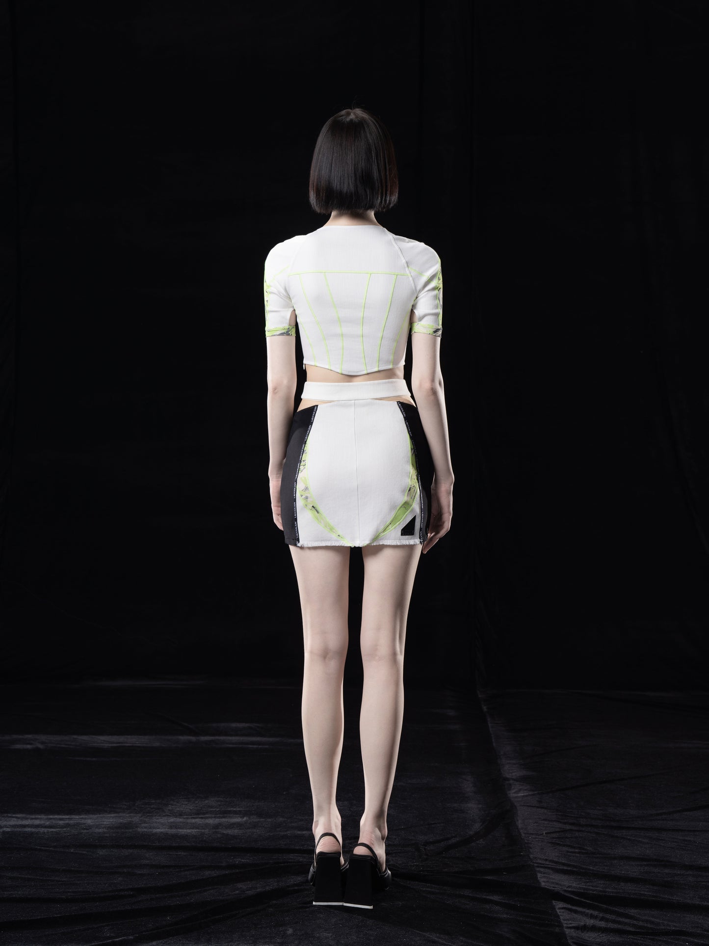 CONTRAST DENIM CROP TOP WITH CUT-OUTS