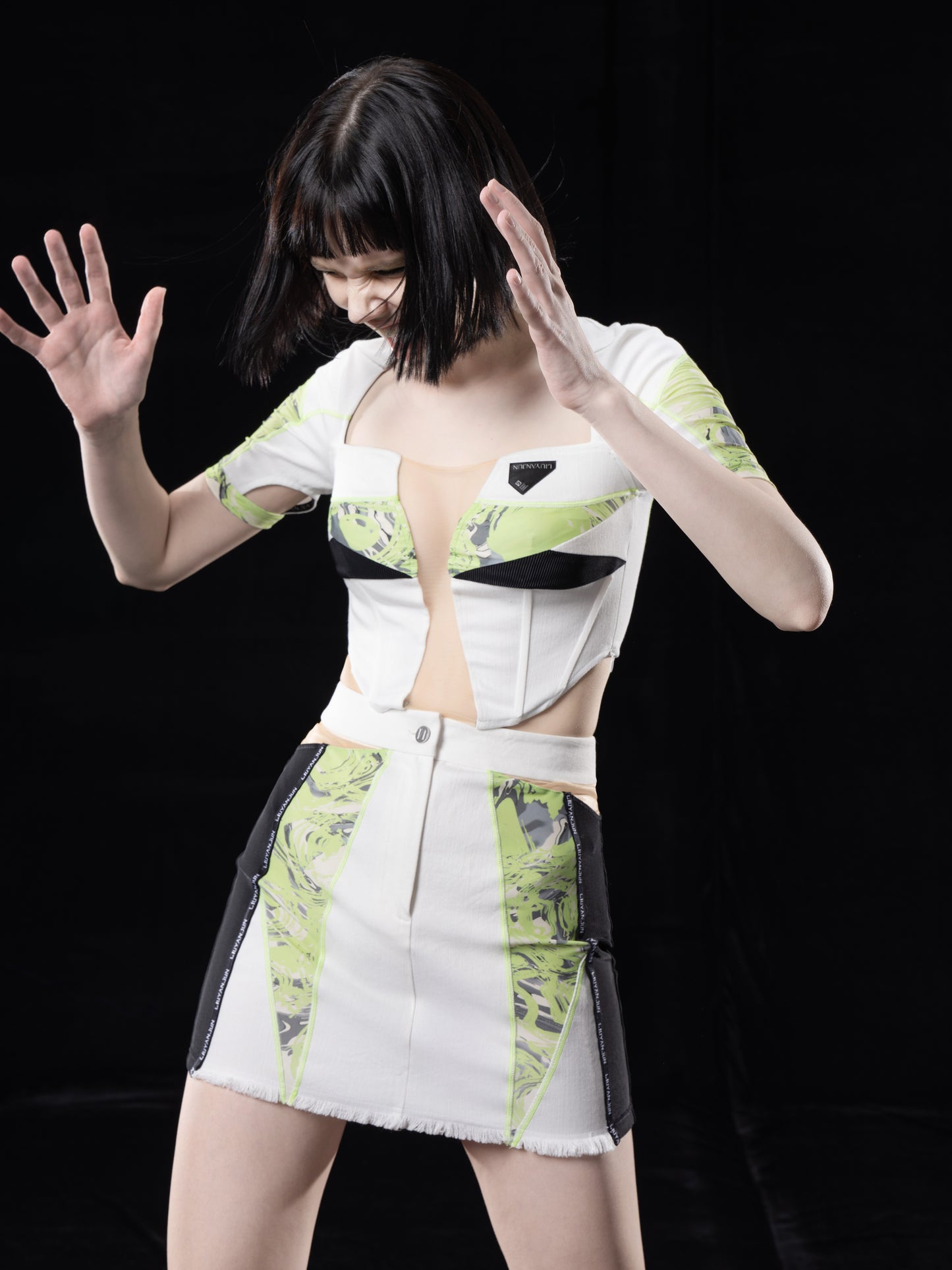 CONTRAST DENIM CROP TOP WITH CUT-OUTS