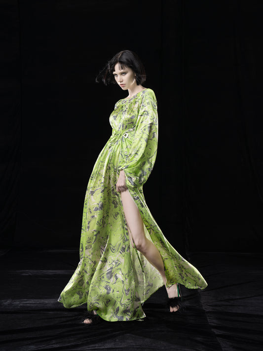 NEON GREEN PRINTED MIDI DRESS