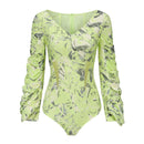 NEOR GREEN PRINTED SWIMSUIT WITH GATHERED. SLEEVES
