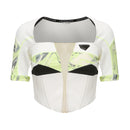 CONTRAST DENIM CROP TOP WITH CUT-OUTS