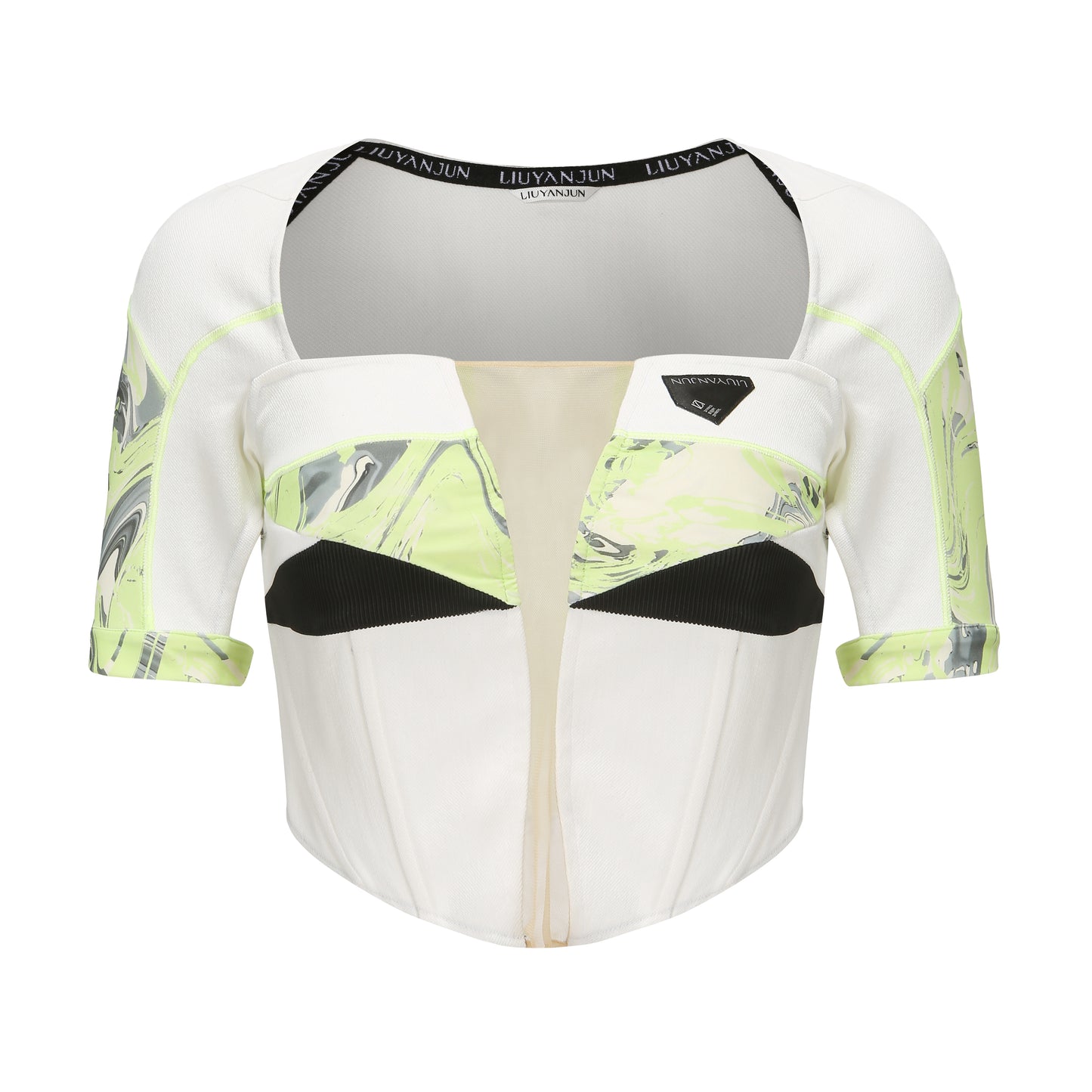 CONTRAST DENIM CROP TOP WITH CUT-OUTS