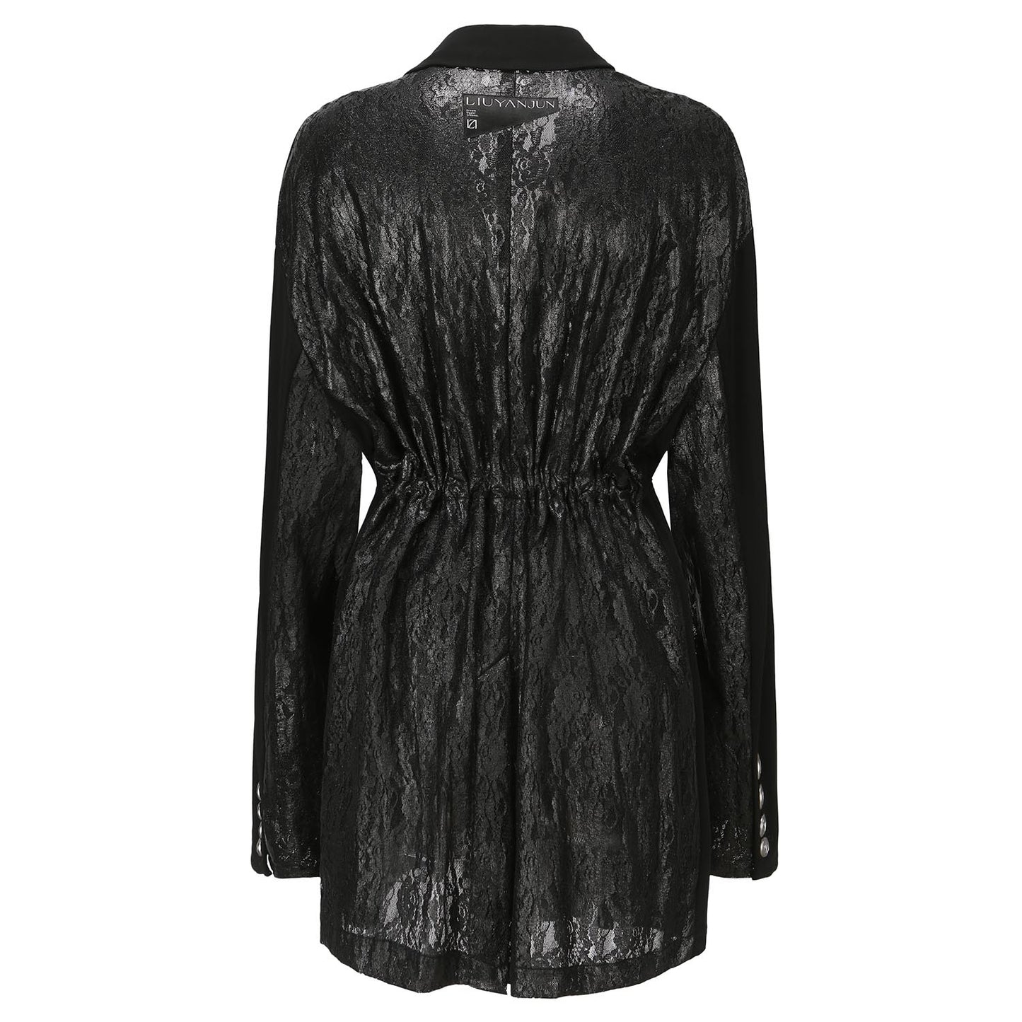 BLACK CONTRAST LACE BLAZER JACKET WITH DRAWSTRINGS