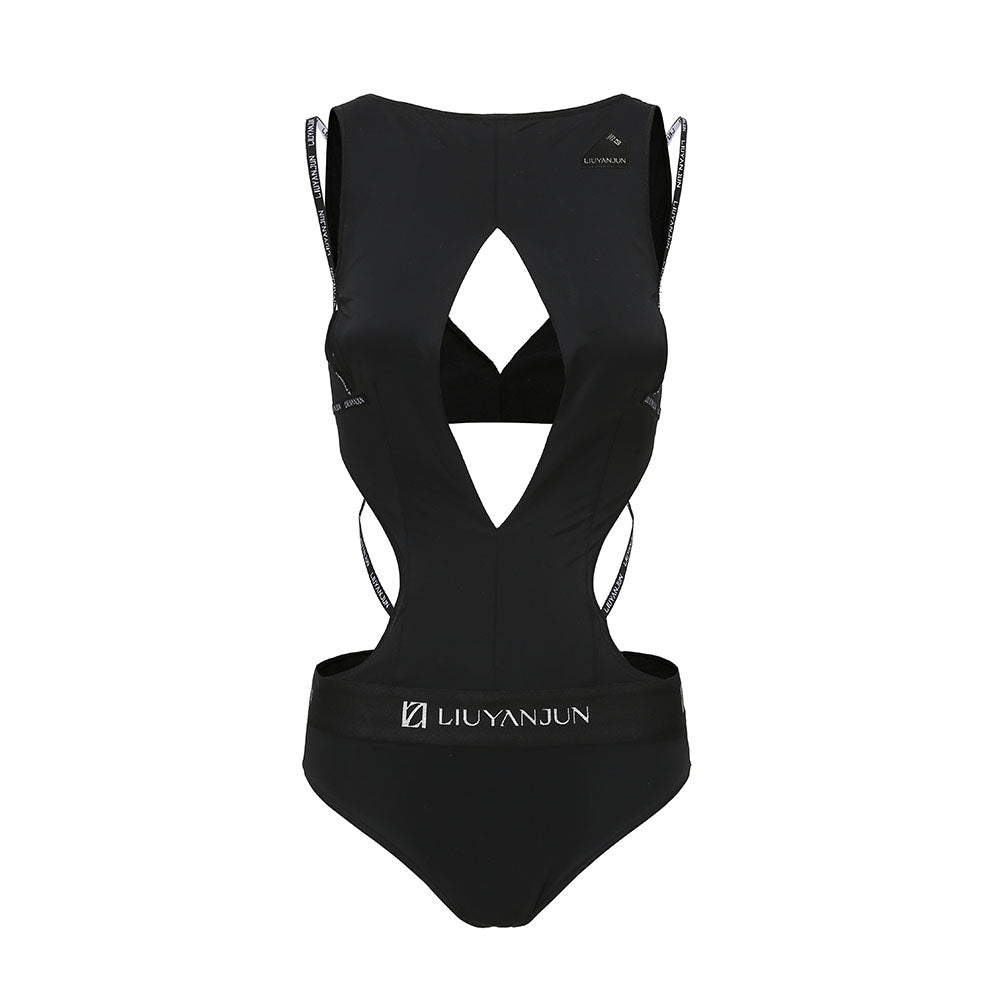 BLACK SWIMSUIT WITH STRAPS AND CUT-OUTS