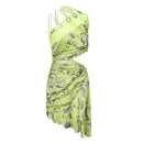 NEON GREEN PRINTED DRAPED DRESS WITH TIED. DETAIL