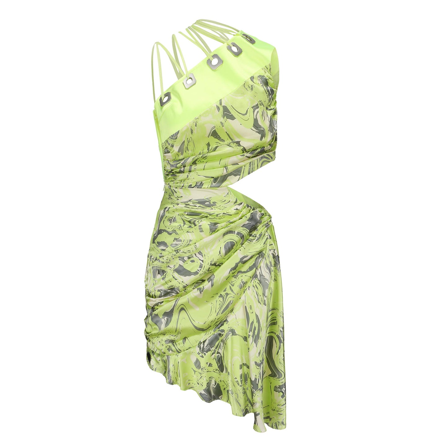 NEON GREEN PRINTED DRAPED DRESS WITH TIED. DETAIL