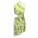 NEON GREEN PRINTED DRAPED DRESS WITH TIED. DETAIL